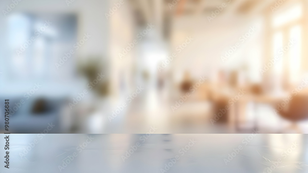 Poster abstract blurred background of a modern office space with a white table in front