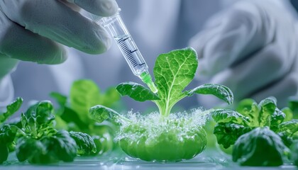 Close-up of a scientist carefully injecting nutrients into a lab-grown vegetable, advanced biotechnology in agriculture, precision food science innovation