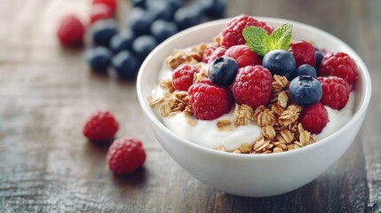 Healthy breakfast bowl featuring fresh berries, yogurt, and granola, with ample copy space for food-related messages.