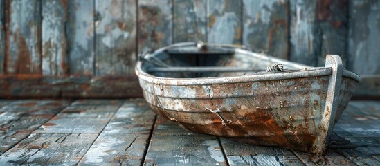 Fototapeta premium A small boat with a weathered rudder in need of repair is featured in this image with copy space