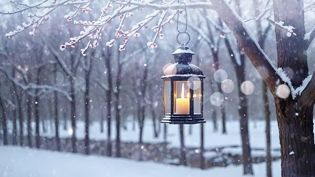 A lantern with a lit candle hangs from a snow-covered tree branch in a snowy forest. Seamless looping 4k time-lapse virtual video background