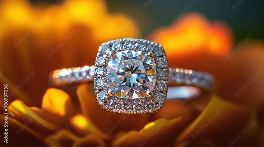 Canvas Prints A close-up of an elegant diamond ring displayed against a vibrant floral background.