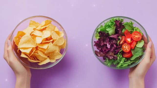 Video of two female hands is holding a salad bowl and chips with studio concept. Healthy food lifestyle vs processed food.