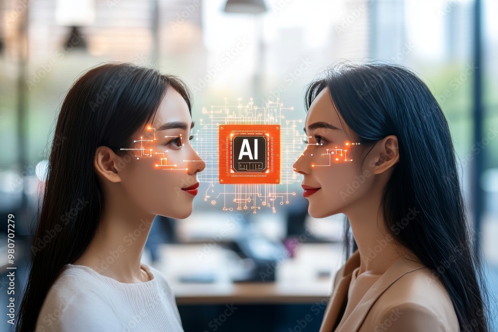Aufkleber two women facing each other with ai symbols on their faces representing human computer interaction a
