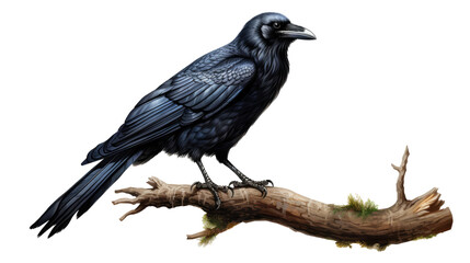 Obraz premium Black raven perched on a tree branch isolated PNG with Transparent Background