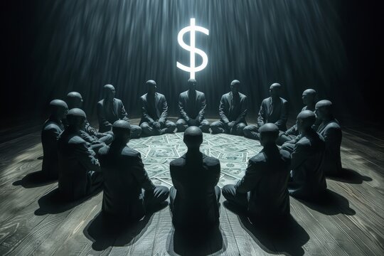 Group of businessmen in suits sitting around an illuminated dollar symbol surrounded by mystical atmosphere, symbolizing worship of money, reflecting on complexities of capitalism and materialism