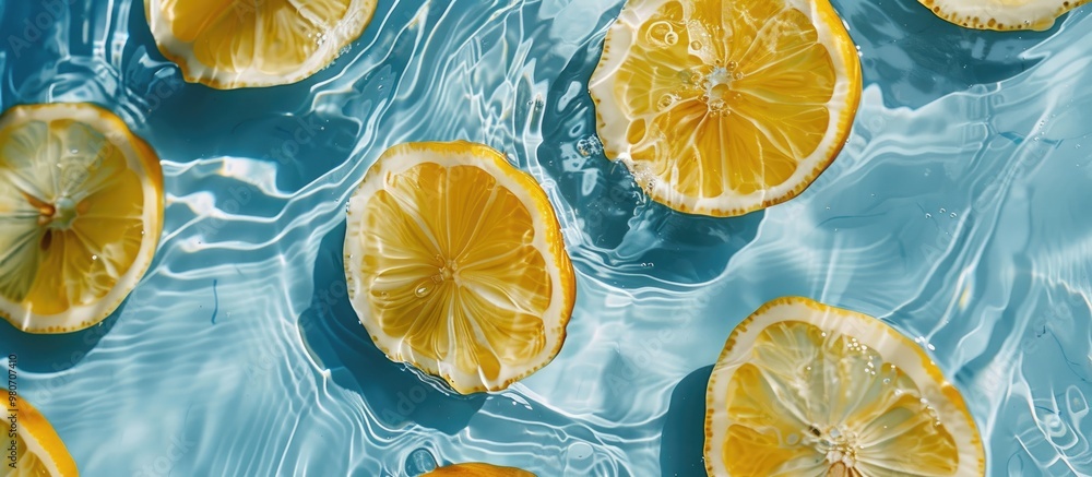 Poster top down view of lemon slices in water against a blue backdrop creating a refreshing summer pattern 