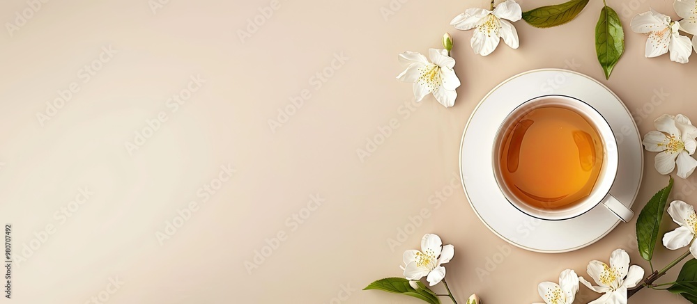 Poster top view of a cup of tea and jasmine flowers on a beige background with space for text or images. wi