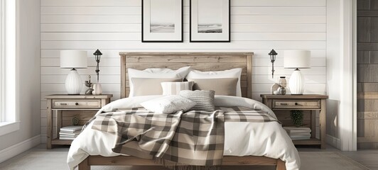 Bedroom with double bed, white light interior design
