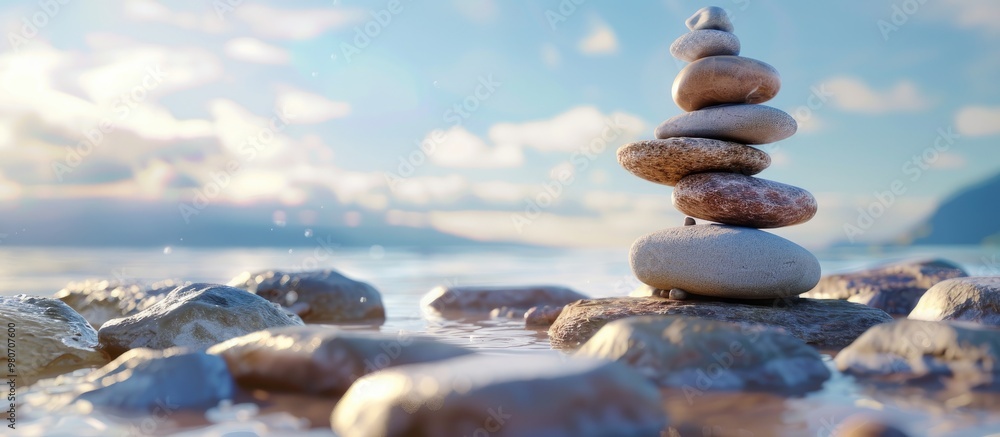 Poster wild stones stacked on the beach with a blue sky in the background creating a serene copy space imag