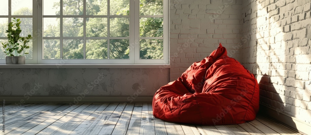 Aufkleber a red bean bag chair positioned by a window in a room with ample space for a copy space image