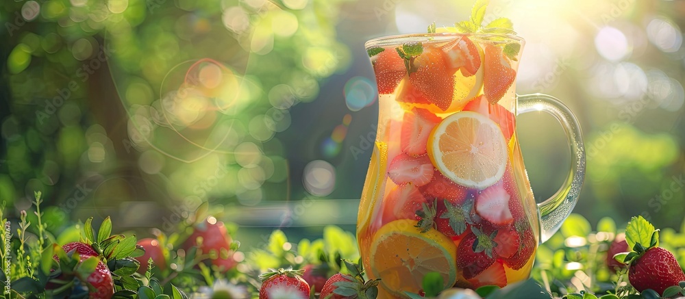 Poster fresh strawberry lemonade shown in a pitcher outdoors close up with an empty area for text in the im
