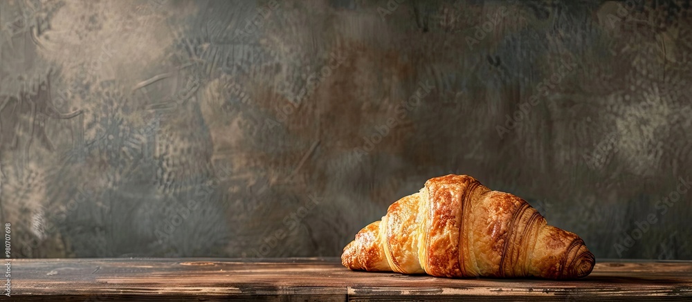 Poster delicious baked croissant displayed on a rustic table with copy space image