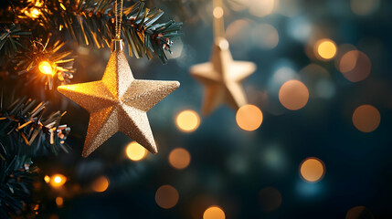 A Close-Up View of a Glittery Gold Star Ornament Hanging on a Christmas Tree with Warm Bokeh Lights...