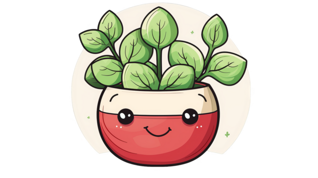 A cute cartoon illustration of a potted plant with a smiling face. The plant is green and the pot is red with a white rim.