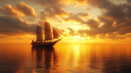 Fototapeta premium Majestic ship sailing across a calm ocean at sunset, with golden skies and reflections on the water creating a tranquil mood.