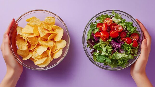 Video of two female hands is holding a salad bowl and chips with studio concept. Healthy food lifestyle vs processed food.