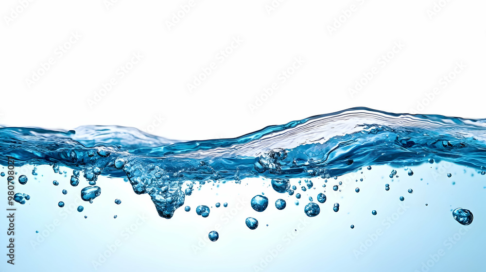 Poster a close-up view of a water surface with air bubbles rising, captured against a white background, cre