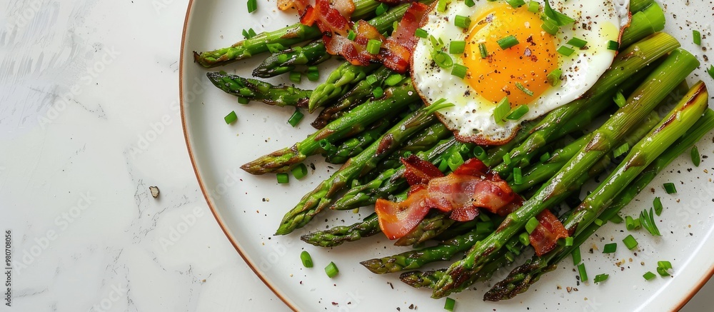 Poster plate with grilled asparagus topped with bacon and egg sauce in a flat lay setting with copy space i