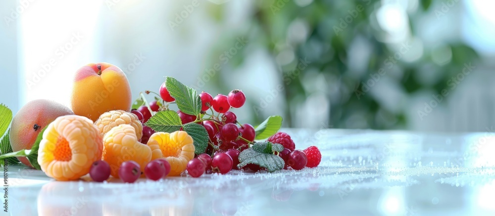 Poster various fresh fruits like raspberries currants and apricots placed on a white table with a blank spa