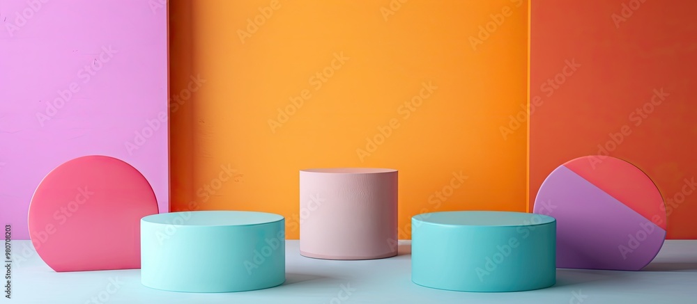 Poster various podiums for product photography with a colorful background including a copy space image