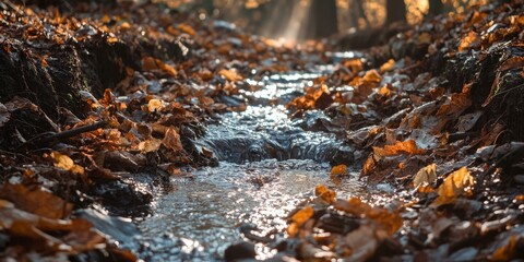 Fototapeta premium Stream flowing through fallen leaves in the forest.