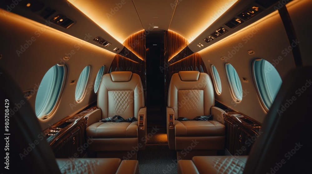 Sticker Luxurious interior of a private jet featuring plush leather seats and ambient lighting.