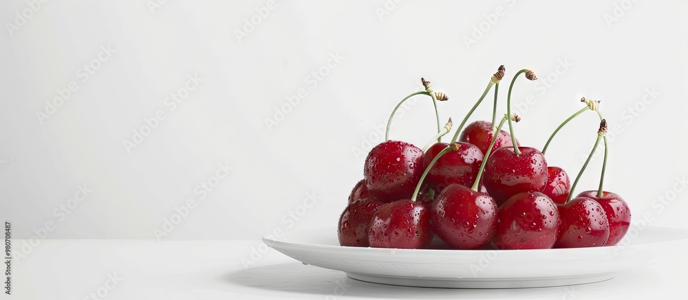 Poster close up image of fresh red cherries on a plate against a white backdrop with quality copy space ima