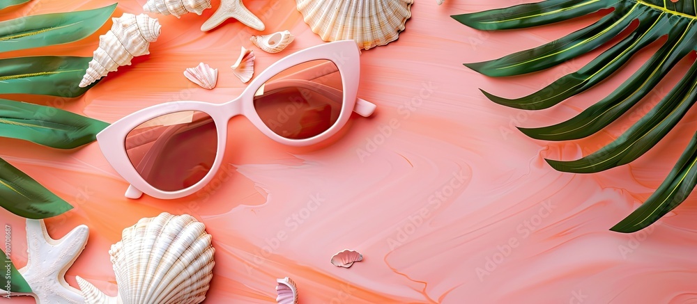 Poster top view flat lay of sunglasses on a summer themed background with a seashell and space to add text.