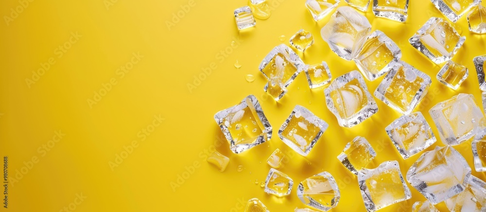 Poster yellow background with crystal clear ice cubes in a flat lay composition leaving room for text in a 