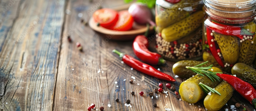 Aufkleber white wooden table with a selection of pickles in the background featuring vibrant green and red col