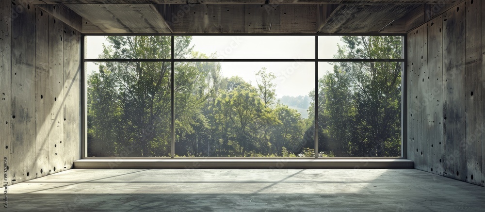 Poster indoor space photographed with a large open window that lacks glass showing rough concrete edges ind