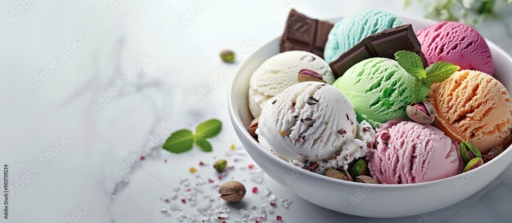 Poster an array of colorful ice cream scoops in a white bowl adorned with pistachio nuts chocolate and mint