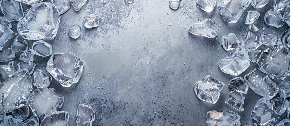 Poster top view of a frame made of crushed ice on a grey background with copy space image available