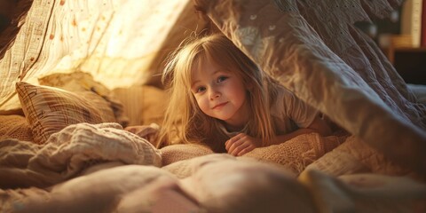 Fototapeta premium Cozy Child Building Indoor Fort in Bedroom