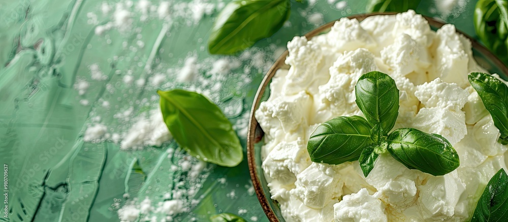 Poster close up of fresh ricotta and basil on a green table with room for text beside the image. with copys