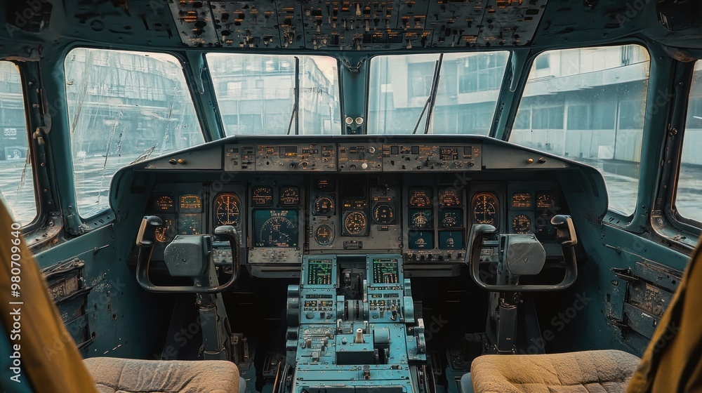Poster cockpit interior of an aircraft, showcasing controls and instruments for navigation and operation.
