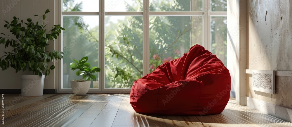 Poster room features a red bean bag chair positioned near a window with ample copy space image