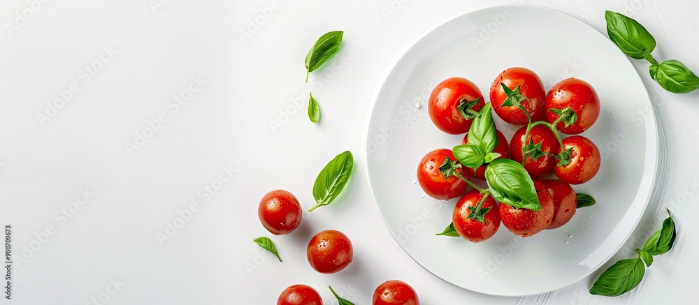 Poster ceramic plate with basil and cherry tomatoes on white backdrop with open area for additional visuals