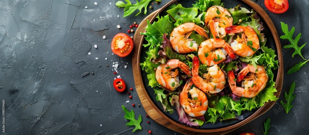 Poster top view of a fresh meal on a rustic table with a green leaf lettuce mix and shrimp prawns and lango