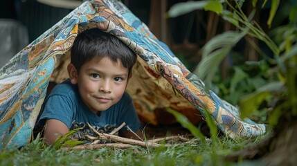 Curious young boy playing in a backyard tent exploring the natural environment