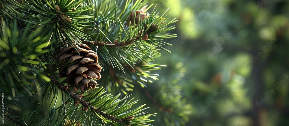 Wall mural a pine tree with a developing pine cone showcasing a copy space image