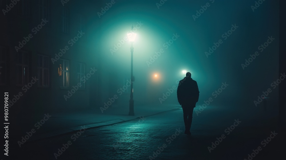 Poster A solitary figure walks through a foggy street illuminated by streetlights at night.