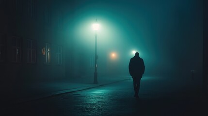A solitary figure walks through a foggy street illuminated by streetlights at night.