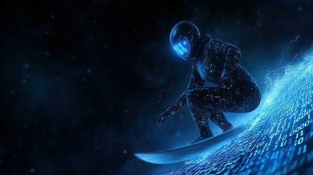 A futuristic surfer in a glowing digital ocean, showcasing innovation and adventure in a virtual landscape.