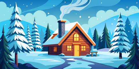 A cozy cabin nestled in a snowy forest, perfect for escaping the cold and enjoying the peace of nature. The cabin is decorated with warm lights and a chimney that's puffing out smoke.