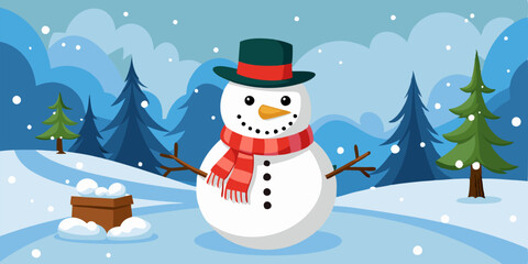 A cheerful snowman stands in a snowy landscape, wearing a red scarf and black top hat. Perfect for winter-themed projects, holiday greetings, and adding a touch of festive cheer to your designs.