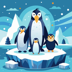 Adorable penguins huddle together on a frosty iceberg, a perfect illustration for winter holidays, children's books, or any project needing a touch of arctic charm.