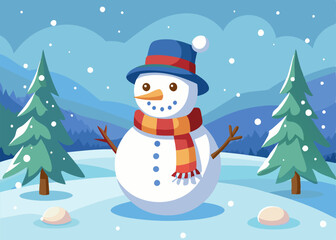 A cheerful snowman stands in a snowy landscape, wearing a blue hat, red scarf, and a bright smile. Perfect for adding a touch of winter cheer to your designs.
