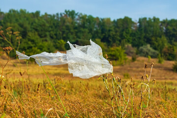 A plastic bag flutters in the wind in a field on a meadow. The problem of environmental pollution